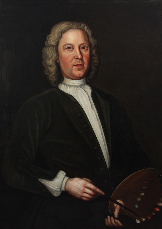 Early 18th century English School Portrait of a gentleman artist, 36 x 27in.